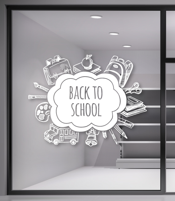 Αυτοκόλλητο Back to School. Η ημέρα της έναρξης της νέας σχολικής χρονιάς πλησιάζει. Ενημέρωσε τους πελάτες σου για τις προσφορές Back to School.