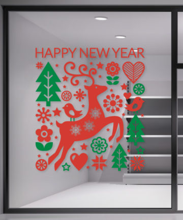 Χριστουγεννιάτικο Αυτοκόλλητο Ελάφια - Happy New Year - Διακόσμηση Βιτρίνας Καταστήματος