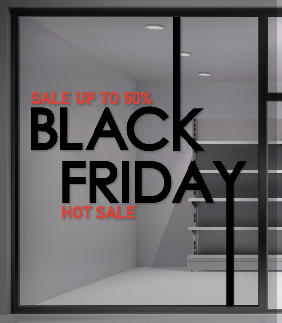 Αυτοκόλλητο Βιτρίνας Black Friday. Εντυπωσιάστε και τραβήξτε τα βλέμματα πελατών την ημέρα της Black Friday με ένα αυτοκόλλητο στη βιτρίνας σας.