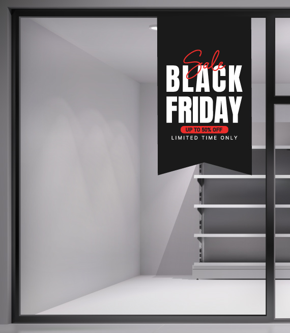 Αυτοκόλλητο Banner Black Friday. Εντυπωσιάστε την ημέρα της BLACK FRIDAY με ένα υπέροχο αυτοκόλλητο για το κατάστημα σας.