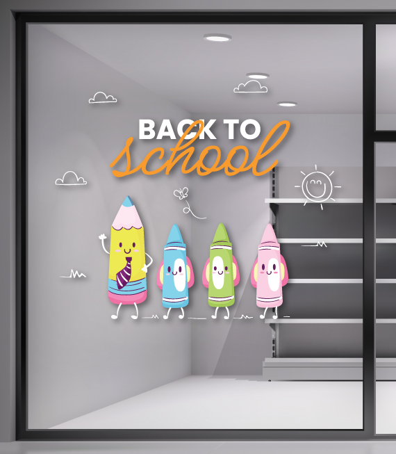 Αυτοκόλλητο Βιτρίνας Back to School. Εντυπωσιάστε τα βλέμματα των πελατών σας με ένα αυτοκόλλητο Back to School για τις ημέρες έναρξης της σχολικής χρονιάς.