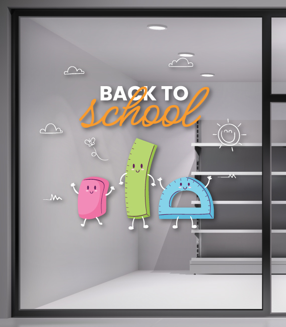 Αυτοκόλλητο Βιτρίνας Back to School. Εντυπωσιάστε τα βλέμματα των πελατών σας με ένα αυτοκόλλητο Back to School για τις ημέρες έναρξης της σχολικής χρονιάς.