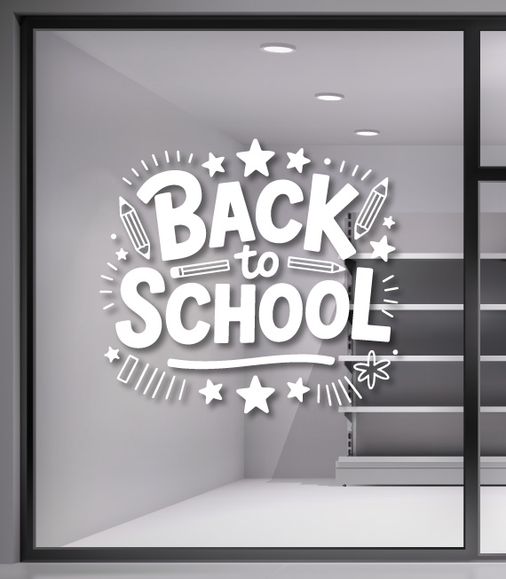 Αυτοκόλλητα Καταστημάτων Back to School. Διακοσμήστε τη βιτρίνα σας με ένα αυτοκόλλητο Back to School. Μεγάλη ποικιλία σε σχέδια.